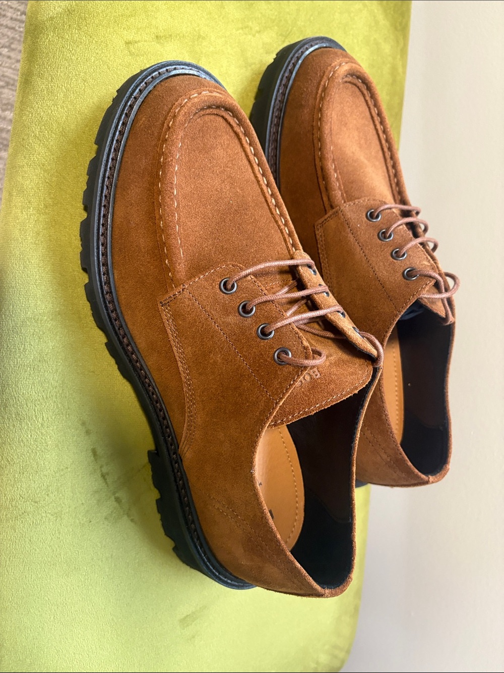 Boss Chestnut Suede Derby Shoes with Black Lug Sole